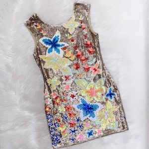 Needle & Thread Floral Sequin Gold Cocktail Dress
